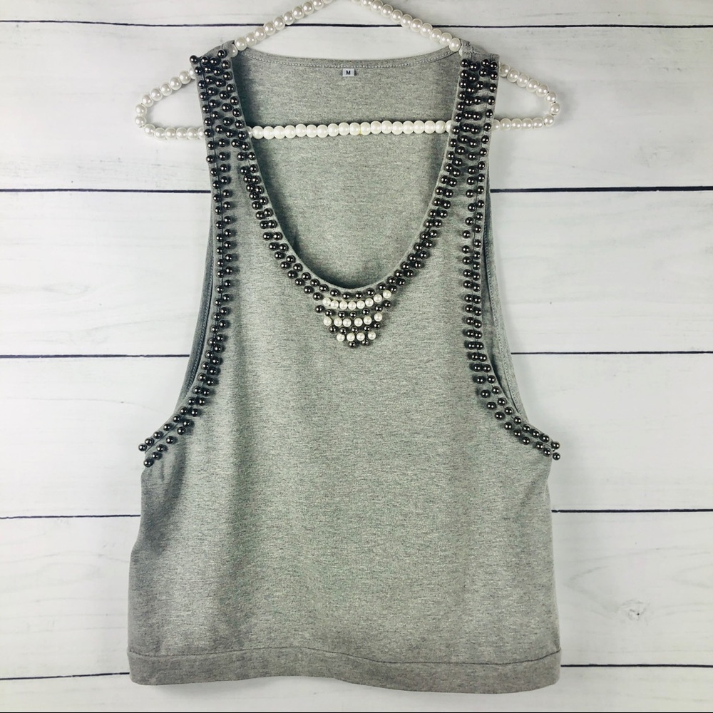 Gray Sleeveless Metal Beaded Top Blouse Medium-889